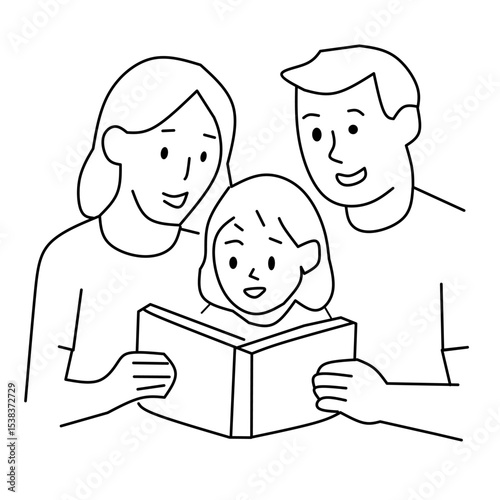 Simple line art of a happy family (father, mother, daughter) reading a book together. Represents family time, education, storytelling, and bonding.

