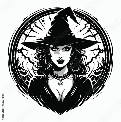 Mystical Witch Illustration with Pentagram Necklace