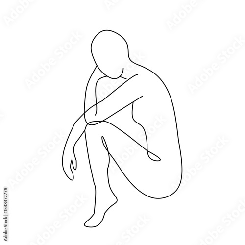 A minimalist black and white line drawing depicts a figure sitting with knees drawn up to their chest and arms wrapped around their legs, head resting on their arms, conveying a sense of introspection