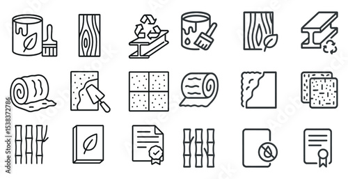 Eco-friendly construction outline icons set – sustainability, green building symbols