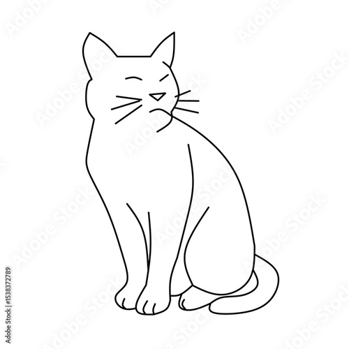 Simple line art of a sitting cat with a slightly displeased or pensive expression. Represents pets, animals, feline, and domestic creatures.

