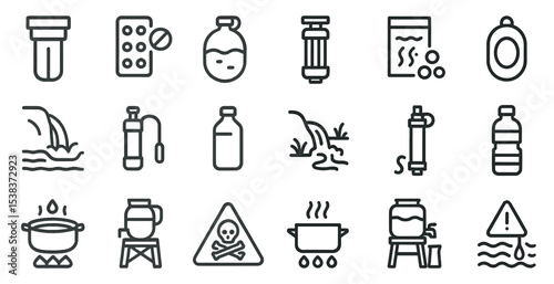 Water purification line icons set – linear, outline, filtration and hydration symbols