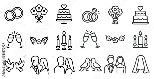 Wedding celebration icons set – outline, linear, marriage and engagement symbols