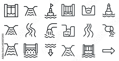 Water and pollution outline icons set – linear, environmental protection symbols