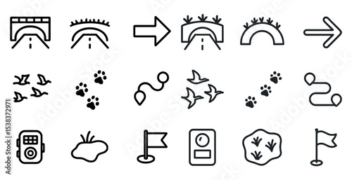 Road travel outline icons set – linear, silhouette, navigation and path symbols