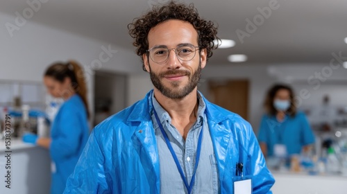 man in a blue lab coat smiles while holding a clipboard, surrounded by fellow healthcare workers engaged in clinical tasks. environment appears modern and well-lit