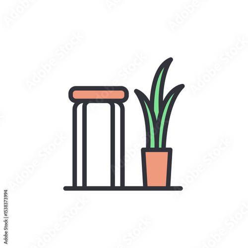 Charming Vector Depiction Of Stool And Plant In Pot On Transparent