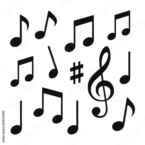 Collection of Black Music Notes and Symbols on White Background