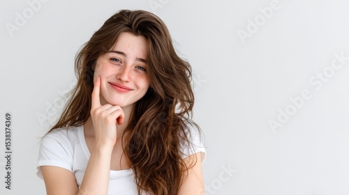 young woman displays a playful smile while thoughtfully resting her chin on her finger. Her long, wavy hair frames her face, set against a bright, neutral background