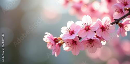 Delicate pink cherry blossoms in full bloom, spring sunlight , tree, photo