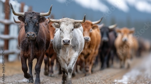 Cattle of various colors and sizes move along a dirt road, surrounded by picturesque mountains in the background. afternoon sun casts a soft light on the scene, highlighting the animals
