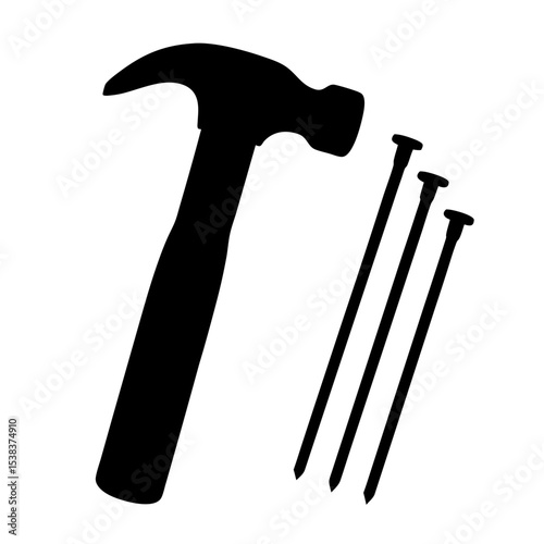 Black silhouette illustration of a claw hammer and some nails on white