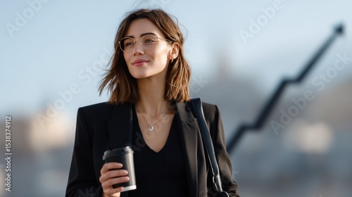 Woman with glasses holds coffee cup and smiles in a professional outfit, standing outdoors in city with a backdrop of an upward trend graph reflecting optimism and success