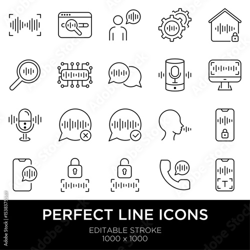 Editable stroke line icons with voice recognition technology arranged separately on transparent background flat vector illustration