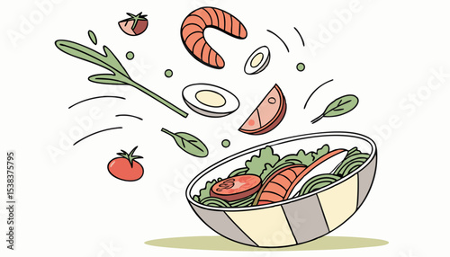 Gourmet-style photo of a food bowl with all ingredients suspended mid-air, showcasing the vibrancy and texture of each element in a clean and appetizing way   