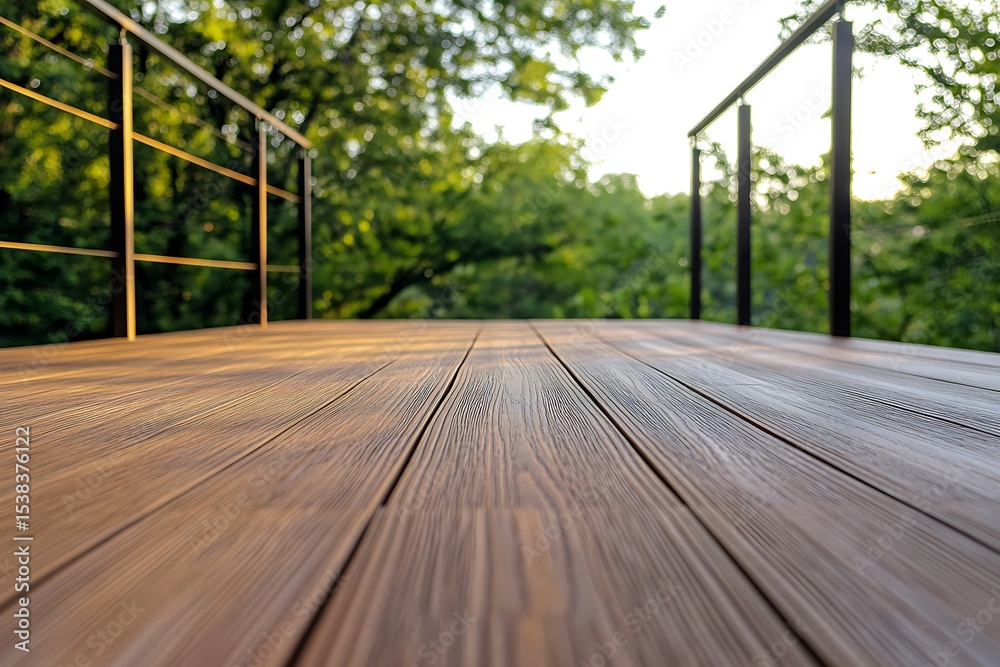 Obraz premium Outdoor deck with brown wooden planks and metal railing overlooking blurred green trees