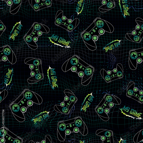 Gamepad Seamless vector pattern with neon-outlined game controllers and pixel squares dark digital background. Gaming print for fashion, textile, wrapping paper.