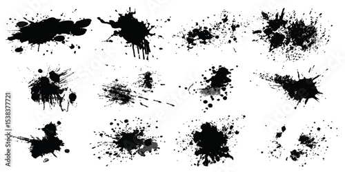ink blots and splats. graphics of black spots of various shapes and sizes on an isolated background