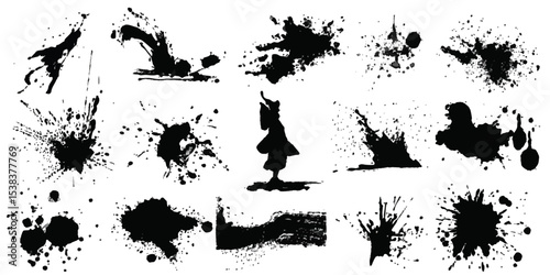ink blots and splats. graphics of black spots of various shapes and sizes on an isolated background