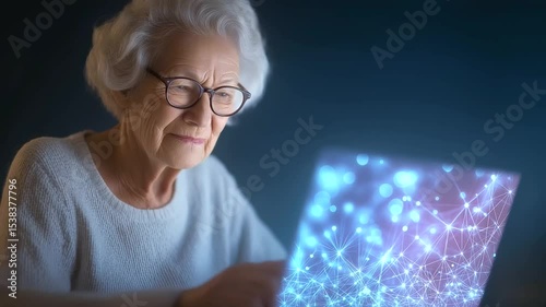 Joyful elderly woman using a laptop, celebrating independence and embracing modern technology.