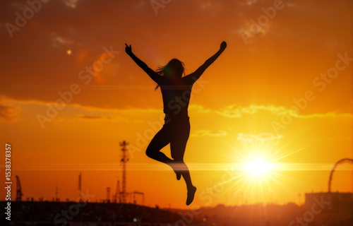 Wallpaper Mural Freedom and Joy at Sunset Music Festival. Silhouette of happy woman jumping against beautiful orange sunset sky at summer music festival Torontodigital.ca