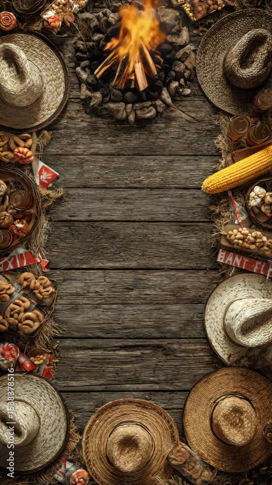 Festa Junina rustic background with a border of straw hats, bonfire, corn, and traditional snacks on dark wood planks.

