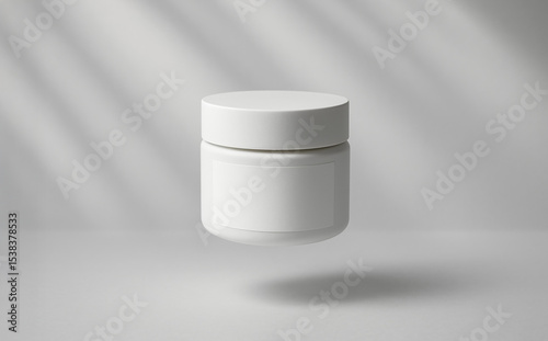 White cosmetic jar mockup with blank label for clean minimalist packaging design floating in air perfect for beauty product branding presentation