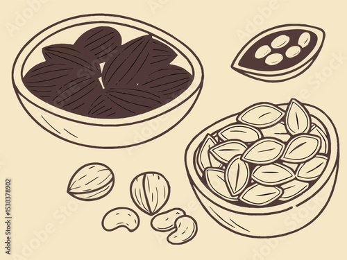 A seamless vintage pattern illustrates a set of hand-drawn fruits and nuts, including hazelnuts and walnuts, perfect for food-themed designs