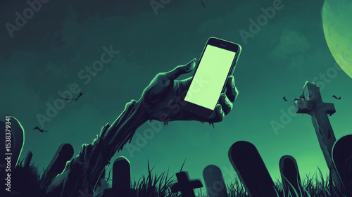 Creepy zombie hand rising from grave holding smartphone with blank screen in dark spooky cemetery at night under moonlight, Halloween horror concept with undead theme and digital contrast