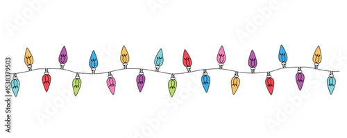 One continuous line drawing of Christmas garland with light bulbs.Christmas ornament string and festive border in simple linear style