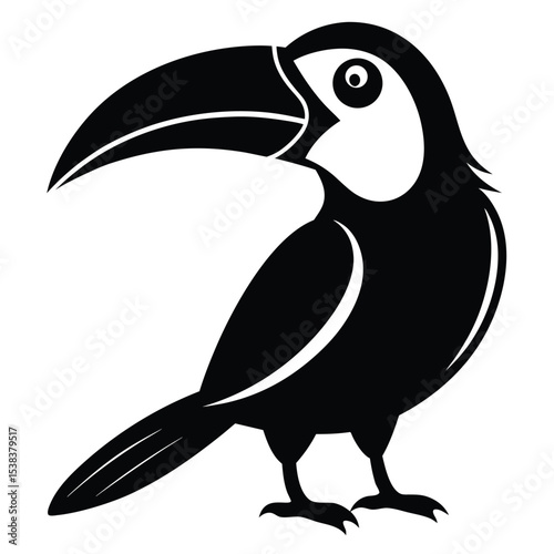 Isolated toucan bird presents stark, stylized silhouette, showcasing bold, simplicity in monochrome