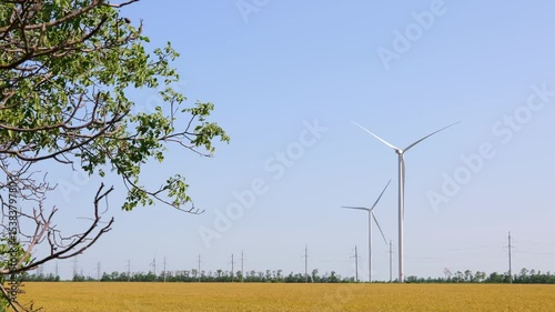 Two modern wind turbines stand tall in a golden field under a clear blue sky, with power lines and a tree branch framing the scene, suggesting renewable energy and nature.