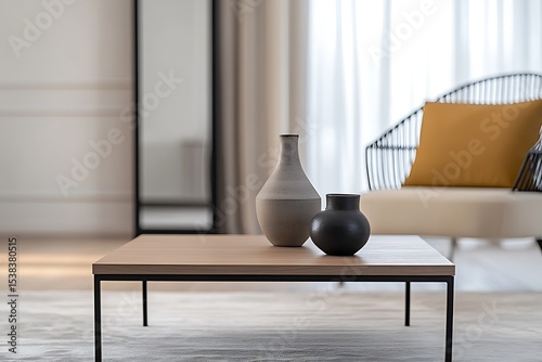 Wallpaper Mural Two ceramic vases on modern wood coffee table in bright living room interior Torontodigital.ca