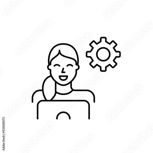Woman at laptop and cogwheel. Remote tech support, software development, system configuration and IT management. Pixel perfect, editable vector icon