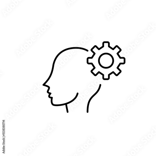 Person head and cogwheel. Thinking process, cognitive functions, mental settings, user preferences, problem solving, intelligent automation. Pixel perfect, editable stroke vector icon