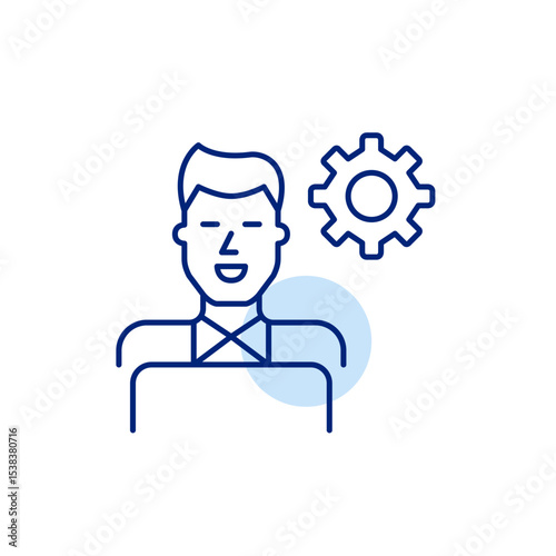 Man at laptop and cogwheel. Remote tech support, software development, system configuration and IT management. Pixel perfect, editable stroke vector icon