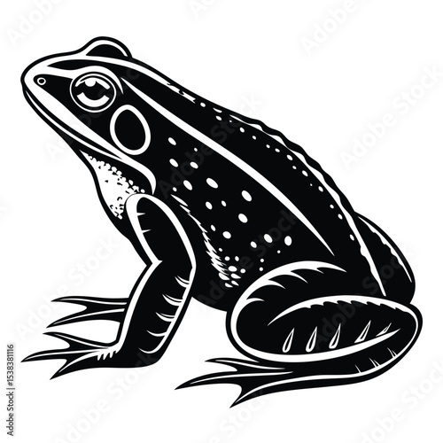 Black and white frog sits, showing skin spots and distinctive sharp toes