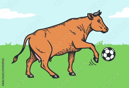 cow kicking a soccer ball on the green rural field, funny farm animal playing football illustration