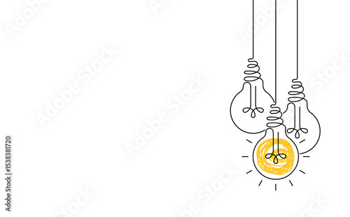 Hanging light bulbs with one glowing on white background. Continuous line drawing light bulb. Concept of idea