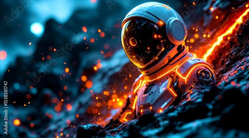 Astronauts wearing suits that glow with futuristic technology