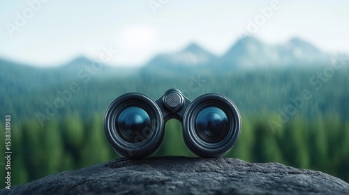 camping concept. Vintage binoculars in nature with mountains in the background.