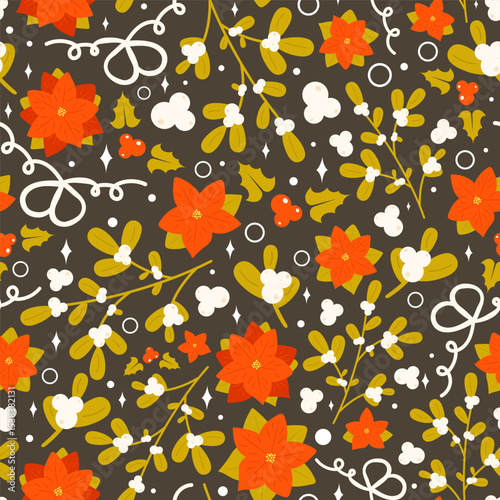Botanical Christmas seamless pattern with holly berry, mistletoe, Poinsettia flower, bows. Christmas repeating background. Perfect for gift wrapping paper, textile, fabric, wallpaper, cover and so on