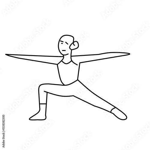 A simple black and white line drawing of a person in a yoga pose, specifically Warrior II, with one leg bent at the knee, the other leg extended straight back, and arms outstretched in opposite direct