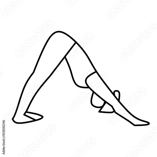 A simple black and white line drawing of a person in a yoga pose, specifically Warrior II, with one leg bent at the knee, the other leg extended straight back, and arms outstretched in opposite direct