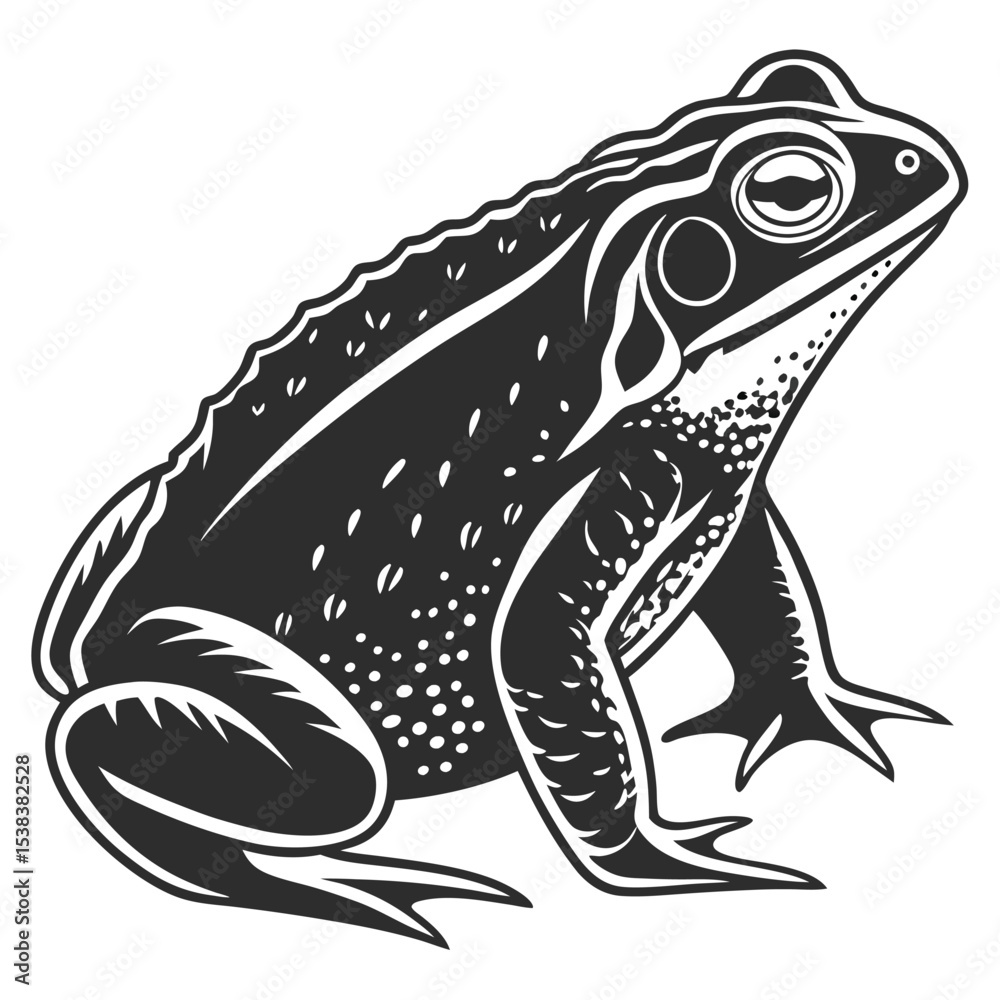 Black and white toad features textured skin with patterns and distinct amphibian characteristics
