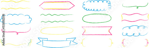 Hand-drawn colorful decorative frames and dividers set. Collection of doodle style borders, arrows, curly brackets, banners, and clouds. Ideal for scrapbooking, note design, invitations, and digital a