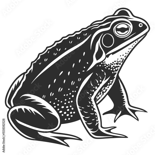 Black and white toad features textured skin with patterns and distinct amphibian characteristics