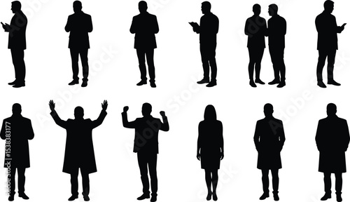 Silhouette of business people, standing pose, hand gesture, mobile use, teamwork, communication, group figure, vector illustration, office presentation