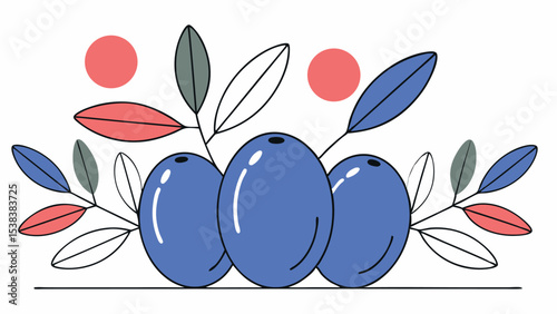 Three Blue Plums with Colorful Leaves
