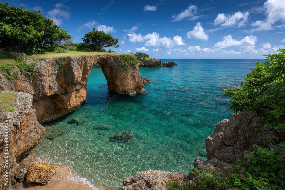 Fototapeta premium Cliffside arch frames turquoise sea under a blue sky dotted with puffy clouds Coastal rock formations surround water